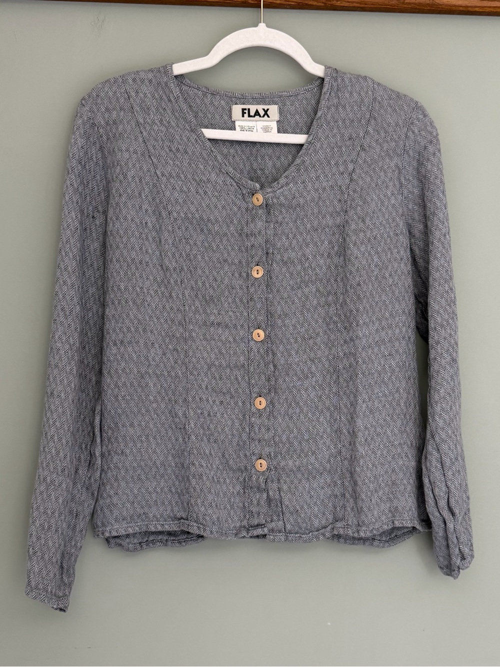 Flax 100% Linen Slate Blue Herringbone Collarless Button Down Top